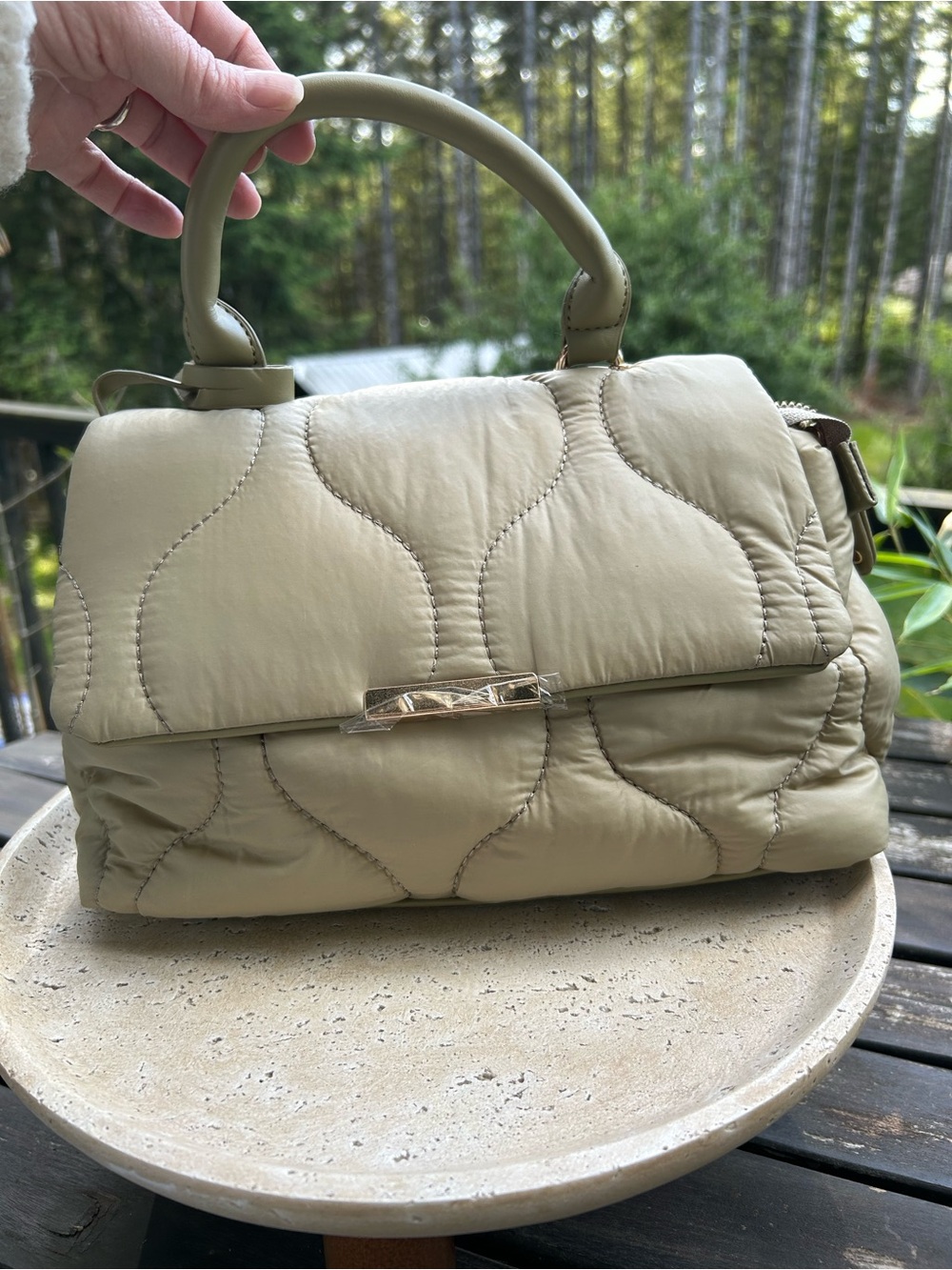 Heart Love Olive Quilted Puffer Top-Handle Women's‎ Bag - Neutral Style